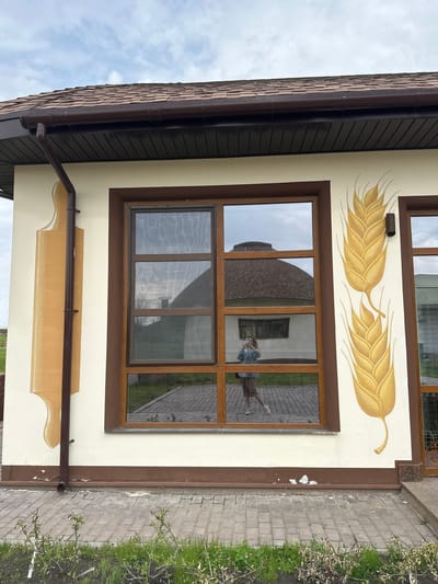 The image shows the corner of a building in what is presumed to be Zakharivka, Ukraine. The building has a light-colored exterior wall with brown trim around the corners and a large window. Above the window is a decorative wheat stalk motif. Below the window, there is a gutter system attached to the wall. The window reflects an image of a person holding a camera, presumably taking the photograph, and the reflection of another building with a similar architectural style. To the right of the building, there is a brick walkway and some greenery. The roof of the building is visible in the upper-left corner, with brown shingles and a dark brown gutter. The sky is visible in the upper-left corner, with clouds.