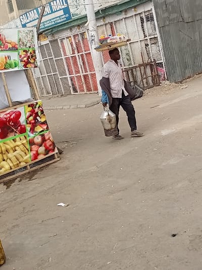 An adult male is depicted walking right to left on an unpaved road surface in Sharada Industrial Area, Kano, Nigeria. He carries a tray with plastic bottles on his head, a metallic cylindrical container in his left hand, and a dark jacket draped over his left shoulder. He wears a light-colored, possibly striped, short-sleeved shirt, dark trousers, and open-toed footwear. To his left, a wooden display stand showcases images of various fruits including bananas, apples, grapes, and fruit salads. In the background, a building identified by a sign as "SALAMA MINI MALL" and "SALAMA SHOPPING COMPLEX, SHARADA INDUSTRIAL AREA KANO" features white grated storefronts over red-painted structures. A utility pole is visible near the center. To the man's right, a building with corrugated metal siding is present.