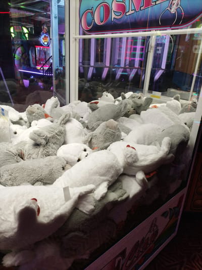 A claw machine, filled with plush toys, is displayed inside an arcade. The toys are predominantly gray and white, with some featuring orange accents. Many of the plush toys are seals or similar marine mammals. The claw machine is positioned in front of a glass panel, through which the interior of the arcade is visible. The arcade features brightly lit game machines with colorful displays, including a large sign with the word "COSMIC" in large, stylized letters. The lighting suggests it is evening or night. The overall scene conveys a sense of playful entertainment. The visible text includes "COSMIC" on the machine's signage. The location is Zaandam, Netherlands.