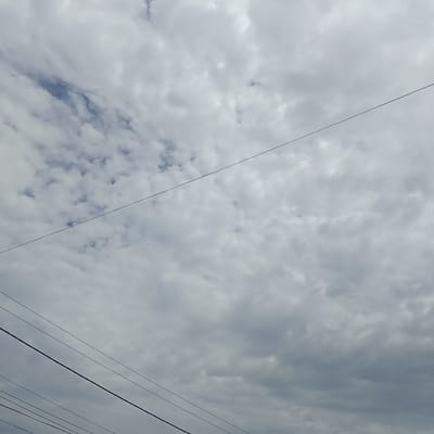 The image is a low-angle shot looking up at a cloudy sky, with multiple power lines diagonally crossing the frame from the bottom left to the top right. The clouds are a mix of white and gray, with patches of blue sky visible in the upper left quadrant. The power lines are thin and dark against the lighter sky. There is no indication of the city of Lyubimets, Bulgaria, in this image.