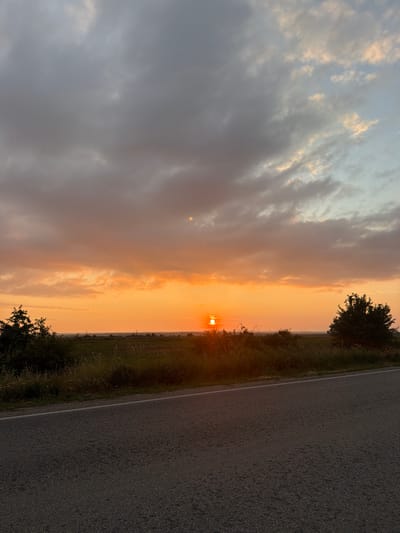 This media file captures a serene sunset over a rural landscape in Ivanovtsi, Bulgaria. The scene is dominated by a dramatic sky, which transitions from cool, muted blues and greys on the left, with scattered clouds, to a vibrant palette of oranges, reds, and yellows near the horizon on the right. The setting sun, a small, intense orange-red disk, is visible just above the horizon on the right, bathing the sky and distant landscape in a warm glow.

The lower right portion of the image features an asphalt road with a clear white line marking its edge. Alongside the road and extending into the fields are various green and brown vegetation, including tall grasses and bushes. A prominent, dark-foliaged tree is silhouetted against the bright sky near the upper right, while other smaller shrubs are visible closer to the road and in the middle distance. The distant fields appear somewhat hazy, adding to the atmospheric quality of the scene.

The image depicts the peaceful close of day, with the natural event of sunset being the central focus. There are no people visible, and no text is present in the frame. The overall impression is one of quiet contemplation and natural beauty in the Bulgarian countryside.