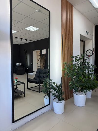 This is a vertical, eye-level shot of the interior of a brightly lit, modern salon. The room is decorated with a clean, minimalist aesthetic, featuring white walls, a slatted wood accent wall, and a black framed mirror that dominates the foreground, reflecting the opposite side of the salon.
The subjects are primarily the interior elements and decor. Several large, potted green plants with dark foliage are strategically placed throughout the space, adding a touch of nature. The large mirror reflects a ceiling with a white tiled grid pattern and fluorescent lighting, as well as a section of the salon with a black wall, a large black armchair, a black shelf unit, a clock, and what appears to be a hair salon chair. A shelf unit with a black frame holds a black upholstered chair and a decorative display of dried branches. On the wall opposite the mirror, there is a white sign with green lettering that reads "ВЫХОД" which translates to "EXIT." A ring light is visible near the top of the frame, mounted on a stand. The floor is tiled in a neutral, light beige color. The overall impression is one of a clean, organized, and contemporary space designed for beauty services. There is no indication of the time of day or weather, but the interior lighting suggests it's daytime. The location is identified as Timashevsk, Russia.
