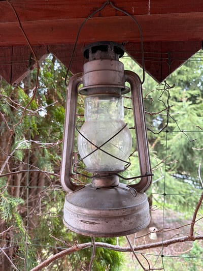 An old, weathered metal lantern hangs outdoors, its primary subject. The lantern features a dusty glass globe encased in a dark metal frame, with a rounded, patinated metal top and bottom. It shows signs of age and exposure to the elements, including scratches and dirt.
The lantern is suspended near a reddish-brown wooden structure, possibly a beam or post from a porch, pergola, or garden shed. A thin wire, likely aiding in the lantern's suspension or serving another purpose, runs along the wooden surface. Behind the lantern, a green wire mesh fence or trellis is visible, acting as a backdrop and separating the immediate foreground from the lush background.
The setting is outdoors, characterized by abundant green foliage, including coniferous trees and bare deciduous branches, suggesting a natural environment like a garden or backyard. The lighting indicates natural daylight, with soft illumination and some bokeh effects visible among the background leaves. No specific activity or event is taking place; the lantern is stationary, possibly serving as a decorative piece or historical artifact. The scene evokes a rustic atmosphere in an outdoor space within Пролетарский, Russia. There is no visible text in the image.
