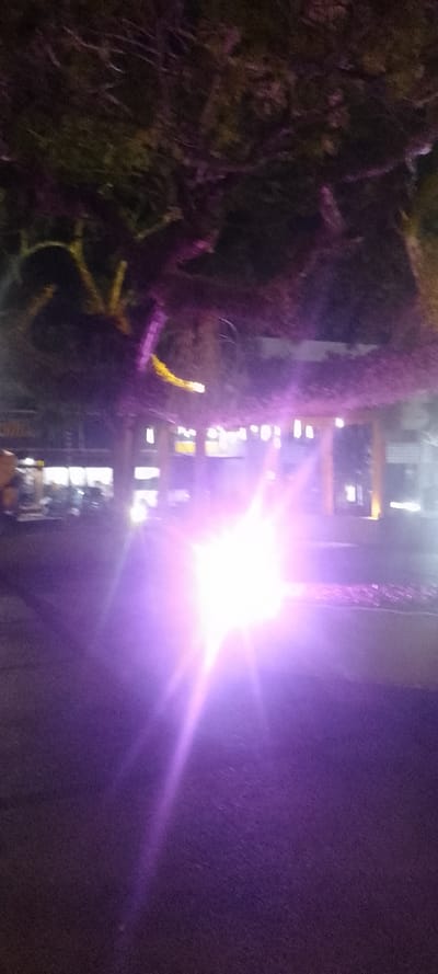 The image displays a nighttime street scene in La Fría, Venezuela. The foreground consists of dark pavement. An intense, star-shaped light source, emanating bright purple-white light, dominates the lower-mid section of the frame, creating significant lens flare. To the left of this primary light source, a light-colored vehicle, possibly a truck or van, is partially visible. In the background, a building with illuminated interior spaces and window-like features is present on the left. The upper portion of the frame shows the dark canopy and branches of trees, which are partially illuminated with purple and hints of yellow light. The overall environment is dark, with artificial light sources providing visibility. No individuals or specific actions are discernible.