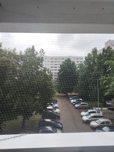 The image shows a view from a balcony or window with a protective net in the foreground. Beyond the net, a parking lot is visible with several cars parked. Trees line the parking lot, and a large apartment building is in the background. The sky is overcast. The scene appears to be in a residential area. Based on the provided information, this is a view of a parking lot and apartment building in Magdeburg, Germany.