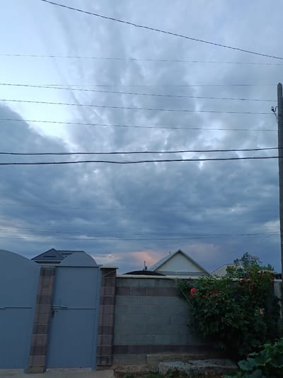 This image captures a cloudy sky above a residential area in Kyzyl-Suu, Kyrgyzstan. The foreground features a grey metal gate with decorative brick pillars and a brick wall. To the right of the wall, a bush with red roses is visible, partially obscuring a part of the wall. In the background, the roofs of houses are discernible, along with utility poles and overhead wires that crisscross the sky. The overall atmosphere is somber due to the overcast conditions.