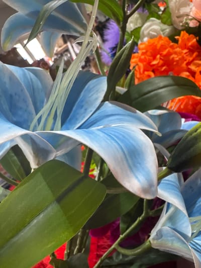 The media file is a close-up, eye-level, indoor shot of a floral arrangement. The subjects are artificial flowers, predominantly large, light blue lily-like blooms with prominent white stamens. Interspersed among them are vibrant orange, crinkled flowers, possibly chrysanthemums or carnations, and hints of purple and white flowers are also visible. The setting appears to be a well-lit room, with the sunlight casting bright reflections and shadows, particularly on the lower left side of the image where some objects are blurred and out of focus, suggesting they are in the background. The overall impression is one of a colorful and decorative display. There is no visible text in the image. The time of day and weather are not discernible.