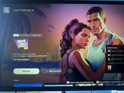 The image shows a screenshot of a video game's pre-order screen on a television. The game is "Grand Theft Auto VI" (GTA VI). The screen displays artwork featuring a man and a woman in a stylized, tropical setting at sunset. Palm trees are visible in the background, and two birds are flying in the dusky, purple sky. The man is muscular and has a stern expression, holding a handgun. The woman, with her hair in a ponytail, looks intently to the side.
Text on the screen indicates that this is the PS5 version, featuring "PS5 Pro Enhanced" and an "Ultimate Edition" option. The price for pre-order is €99,99. Information about a "GTA+ subscription" and automatic renewal is also present, along with a "Pre-order plaatsen" (Place pre-order) button. A "Wensenlijst" (Wishlist) option is also visible.
On the right side of the screen, details from Rockstar Games are listed, including the release date: 19-11-2026. The game is rated 18. At the bottom, there are options to view "Game-info en juridische info" (Game info and legal info) and "Gezondheid / Classificaties / P" (Health / Classifications / P). The "PHILIPS" logo is visible at the bottom of the television frame. The overall scene is vibrant and indicative of a promotional display for a highly anticipated video game.