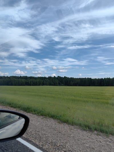 The image captures a rural landscape from the perspective of a vehicle traveling on a road. In the foreground, a car's side mirror is visible on the left, reflecting a cloudy sky. The road itself is surfaced with asphalt and gravel. Beyond the road, a vast field of green crops, likely wheat or barley, stretches towards a dense forest line in the mid-ground. The forest forms a dark green band against the horizon. Above the field and forest, a dynamic sky fills the upper portion of the image, featuring a mix of white cumulus clouds and wispy cirrus clouds against a bright blue backdrop. The scene is set in a natural, open environment with agricultural and forested elements, characteristic of the rural areas within the Хаценчыцкі сельскі Савет, Belarus. There are no people or animals visibly present in the image.