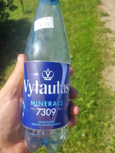 A hand is holding a clear plastic bottle of Vytautas brand mineral water outdoors. The bottle has a blue label that states "Vytautas MINERALS TDS 7309 mg/L CARBONATED NATURAL MINERAL WATER". A small white sticker on the bottle shows the numbers "0.10" and "0.55". The background consists of blurred green grass and tan soil, suggesting a sunny day. The orientation of the bottle and label is horizontal. The hand is partially visible, with fingers holding the bottle. The lighting indicates it is daytime. The location is Žygaičiai, Lithuania.