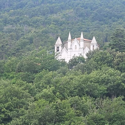 The image displays a white church or chapel, characterized by multiple pointed spires and a prominent bell tower, situated amidst a dense green forest. The church's architecture features pointed arches and a statue in a niche above what appears to be the main entrance. Its roof is made of red tiles. The building is partially concealed by the surrounding trees, which blanket the entire hillside.
No specific activity or event is taking place; the scene captures a static landscape.
Notable details include:
- **Time of day:** It is daytime, with diffused light suggesting either an overcast sky or hazy conditions.
- **Weather:** The weather appears clear, with no precipitation.
- **Location cues:** The architectural style of the church, combined with the dense forest, indicates a European, likely Italian, rural or mountainous setting. The provided context confirms the location as Orco Feglino, Italy.
- **Emotions:** The scene conveys a sense of peacefulness and remoteness.
- **Visible text:** There is no visible text in the image or its crops.
The crops provide closer views of the details: the distinct white spires and the bell within the tower, as well as the varied foliage of the forest, which includes some trees with bare branches interspersed among the green canopy. Faint horizontal lines, possibly power lines, are visible across the upper parts of some cropped sections of the forested background.