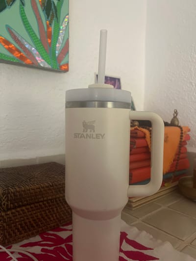A white Stanley water bottle with a handle and a straw sits on a surface. A colorful abstract painting rests beside it. In the background are orange and red objects with beads, suggesting an artistic or spiritual artifact. A woven brown container is partially visible below the bottle, and a red and white patterned cloth drapes to the side. The composition appears to be an informal, close-up shot.