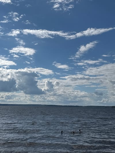 The image shows a wide expanse of dark, choppy water, likely a lake or river, with a treeline visible in the distance on the horizon. The sky is a vibrant blue, dotted with numerous white, fluffy clouds of varying sizes, some appearing wispy and stretched, others more voluminous and cumulus-like. In the water, three individuals are visible, appearing to be swimming, with only their heads and shoulders above the surface. The scene conveys a sense of outdoor recreation on a partly cloudy day. The location is the Desnogorsk Reservoir in Desnogorsk, Russia.