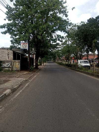 The image depicts a static, treelined asphalt road under an overcast sky, extending into the distance. The scene is devoid of people or active vehicles.
On the left side of the road, a concrete sidewalk with a white painted line along the curb borders the asphalt. A large tree with dense green foliage stands prominently. Attached to a pole near this tree is a rectangular sign displaying text in Indonesian, including "KARYA JAYA" on a blue background. Behind the tree and sign, a single-story structure constructed from unpainted cinder blocks is visible. Further down, additional buildings and trees line the road. Overhead utility wires traverse the upper left portion of the frame.
On the right side, a strip of low-lying green vegetation separates the road from properties. A white passenger van is parked partially obscured by foliage, facing away from the viewer. Beyond this, buildings with reddish-brown tiled roofs and more trees are visible in the background. Streetlights are intermittently spaced along both sides of the road.
The sky is uniformly grey and cloudy. The road surface appears dark grey and generally clear. While the prompt specifies the location as Chhenangri_Rishor, Bhutan, the prominent sign with Indonesian text indicates a location within Indonesia.