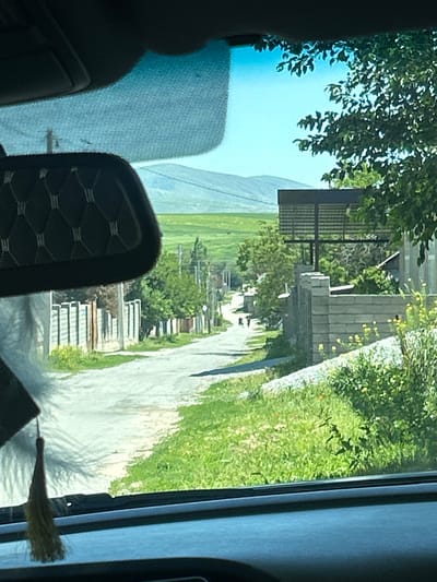 The image, captured from inside a vehicle, shows a view through a car window in the city of Жібек жолы, Kazakhstan. The focus is on a street lined with greenery and buildings. A mountain is visible in the distance, behind the street. The interior of the vehicle is visible, including the back of a seat with a diamond-patterned cover and a tassel hanging from an object near the window. The sky is clear and blue. The road appears paved, and there are some structures resembling gates or fences along the street.