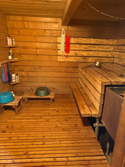 The image depicts the interior of a wooden sauna. The walls and ceiling are constructed from horizontal wooden planks, giving the space a rustic ambiance. In the foreground, a wooden floor made of narrow planks stretches across the room. To the left, there are two low wooden benches, each holding a plastic basin; one is blue, and the other is a greenish-gray. Above these benches, a wooden shelf holds several bottles of toiletries. A string of colorful bath brushes hangs on the left wall, near the toiletries.
In the midground, a multi-tiered wooden bench system dominates the right side of the sauna, designed for seating. On the top level of this bench, a metal ladle rests on the wooden planks. To the right of the benches, a large, dark metal container, possibly a heater or water tank, is partially visible. The overall lighting is warm and subdued, characteristic of an indoor sauna environment. The location is identified as a sauna in Чуй-Атасево, Russia. There are no people visible in the image, and no discernable actions or interactions are taking place.