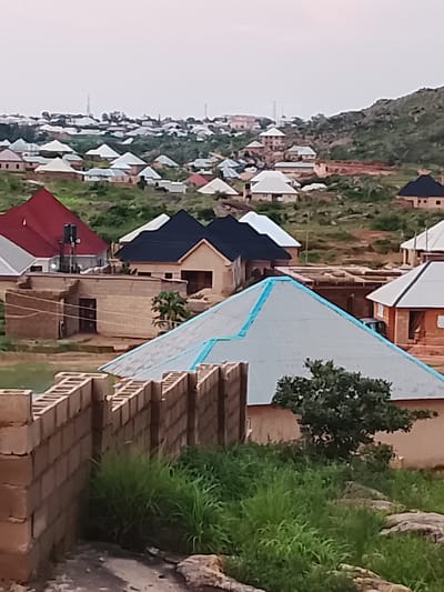 The image depicts a densely populated residential area in Gero, Nigeria, characterized by a multitude of houses with diverse roofing styles. The architectural landscape is dominated by structures with pitched roofs, some covered in black or gray shingles, while others feature red or lighter colored tiles. Several houses are in various stages of construction or renovation, indicated by exposed brickwork and incomplete roofing on some buildings.

In the foreground, a partially constructed brick wall runs horizontally across the frame, its rough texture and segmented blocks suggesting ongoing building activity. Adjacent to the wall, lush green grass and foliage grow, with a prominent leafy tree adding a touch of nature amidst the built environment.

The middle ground is occupied by several completed houses, each with its distinct roof and building materials. One house in particular stands out with a large, light blue-trimmed roof that sharply contrasts with the surrounding muted tones. Another prominent structure features a bright red roof, topped with a water tank.

In the background, the city sprawls across rolling hills, with numerous rooftops visible against the hazy sky. The terrain is uneven, with greenery interspersed among the houses, suggesting a semi-urban or suburban setting with natural elevation changes. Distant structures and communication towers are faintly discernible on the horizon, indicating the extent of the settlement. The overall impression is one of a vibrant, developing community nestled within a hilly landscape.