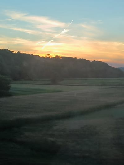This image depicts a rural landscape at sunset. In the foreground, there are dark green fields that appear to be covered in grass or low-lying vegetation, with some subtle variations in tone and texture suggesting contours or different types of ground cover. The midground shows a lighter green field, possibly a cultivated area or a meadow, with some darker lines running through it, potentially indicating paths or rows. Behind this, a tree line forms the silhouette of a hill or gentle slope, densely covered with trees. Above the tree line, the sky transitions from a soft orange and yellow near the horizon, indicative of the setting sun, to a clear light blue at the top of the frame. Wispy clouds are scattered across the sky, some of which appear elongated, possibly contrails from an aircraft. The overall impression is one of tranquility and natural beauty. This scene is likely located in the municipality of Gornji Milanovac, Serbia, given its rural characteristics.