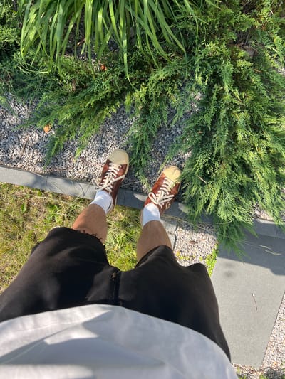 The image shows a person's legs and feet from a first-person perspective, standing outdoors on a sunny day. The person is wearing black shorts, white socks, and brown and tan sneakers. The background includes a lush green bush, gravel, and a paved walkway. The lighting suggests it is daytime, likely late morning or afternoon, with bright sunlight casting shadows. The environment appears to be a garden or outdoor recreational area. There are no discernible emotions or specific events taking place beyond standing. No visible text is present in the image. The location context provided is Borowa, Poland.