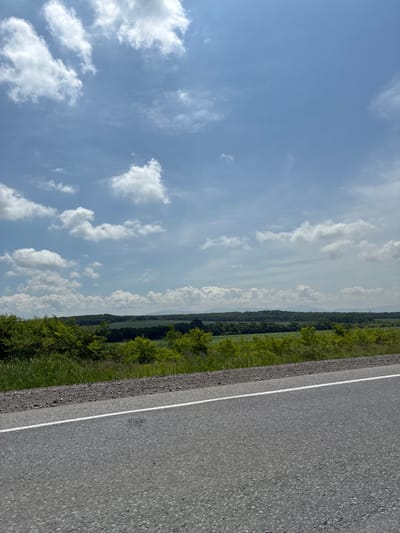 The image shows a paved road with a white line marking its edge. Beyond the road is a grassy embankment, followed by a dense line of green trees. In the background, rolling hills covered in vegetation stretch towards the horizon. The sky above is a clear blue, dotted with fluffy white clouds. There are no people or animals visible in the scene. The overall impression is a rural or semi-rural landscape. The location is Spassk-Dal'nij, Russia, which is consistent with a scene of natural beauty and open roads.