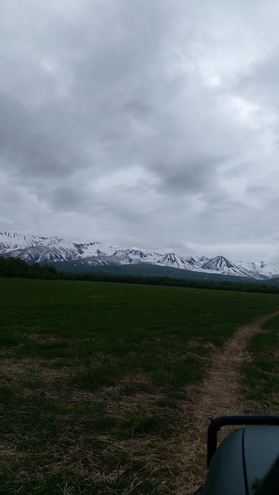 This image depicts a rural landscape with a prominent mountain range in the background, partially covered in snow. The sky is overcast with thick, grey clouds. In the foreground, there is a lush green field, and to the right, a patch of dry, brown grass. A dark, curved object, possibly part of a vehicle, is visible in the upper right corner of the image. The scene is likely set during the daytime. The image is oriented vertically, suggesting it was taken from a low angle or that the camera was tilted. There is no visible text in the image. The setting appears to be a natural, outdoor environment in a mountainous region, possibly rural Russia given the location context. The overall mood is serene and somewhat somber due to the cloudy sky.