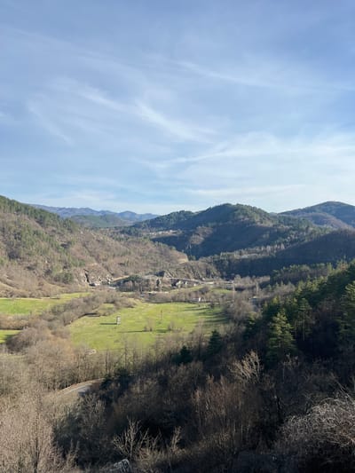 This image depicts a panoramic view of a mountainous valley near Stoianovo, Bulgaria, under a clear to partly cloudy blue sky with scattered cirrus clouds. The foreground features dark, bare deciduous trees and shrubs, with a winding asphalt road visible on the lower right, descending into the dense vegetation. The mid-ground reveals a wide, vibrant green grassy valley floor interspersed with patches of darker undergrowth. A small, dark rectangular structure, possibly a hut or shed, stands centrally within the green field on the left. In the middle distance, a multi-arch concrete or stone bridge, light grey in color, spans a river or gorge, carrying a road or railway line. Adjacent to the bridge and further along the valley, scattered small buildings with light walls and dark roofs are visible, indicating sparse habitation. The background consists of rolling mountains and hills covered in a mosaic of dense dark green coniferous forests and bare brownish-grey deciduous trees, extending to the horizon. No individuals or active interactions are visible within the scene. The overall environment suggests a rural, natural landscape in a late winter or early spring setting.