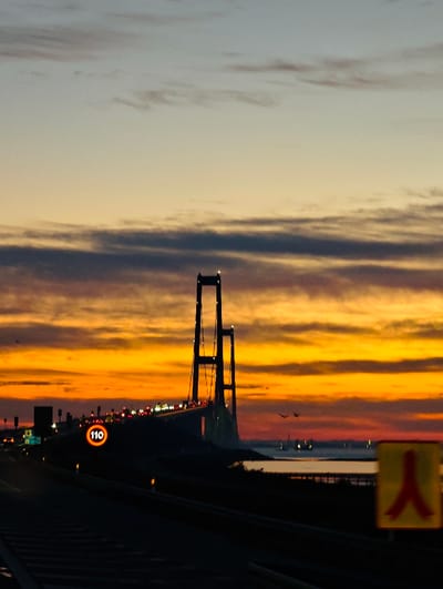 This image captures the Great Belt East Bridge (Storebæltsbroen Østbro) at sunset, viewed from the approach road on Zealand, within the Korsør municipality, Denmark, looking west. The sky displays vibrant horizontal bands of orange and yellow hues near the horizon, transitioning to lighter tones and pale blue towards the top, with dark, elongated cloud formations silhouetted against them. The bridge's two prominent suspension towers stand as dark silhouettes against the sky, each topped with a bright light. The bridge deck carries vehicular traffic, visible as illuminated headlights and taillights forming distinct lines. In the foreground, a dark asphalt multi-lane highway leads towards the bridge. A circular speed limit sign, glowing orange with "110" in white, is positioned on the left side of the road. Another rectangular sign is partially visible further left. On the far right foreground, a blurred yellow road sign with a red stylized human figure is present. Below the bridge, the dark waters of the Great Belt are visible, containing several distant vessels marked by small lights. Two dark bird silhouettes are captured in flight against the illuminated sky in the mid-right portion of the frame. No individuals are clearly discernible.