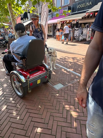 In Steenwijk, Netherlands, a man sits in a red mobility scooter. He wears a light blue collared shirt and dark pants, with a dark baseball cap on his head. A woman stands beside him, speaking and gesturing with her right hand. She wears a patterned dress and a cap. A yellow Labrador Retriever stands between them, looking towards the scooter. In the background, a row of shops lines a brick-paved street. The shops have awnings and display clothing on racks. The overall scene appears to be a sunny day on a pedestrian street in a Dutch town.