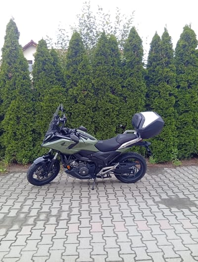 A green Honda motorcycle with a black and white top case is parked on a paved driveway in front of a dense line of green evergreen trees. A portion of a white building with a red roof is visible behind the trees on the left side of the image. The motorcycle is angled slightly towards the right. The pavement is made of interlocking gray pavers. The sky is overcast and white, with some faint greenery visible at the top of the image. There are no people present in the image. The scene is set outdoors, likely in a residential area.