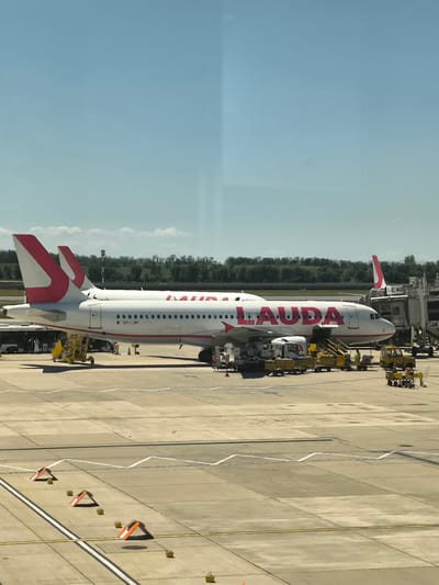 The image depicts an Austrian Lauda airline Airbus A320 aircraft parked at a gate at Vienna International Airport, located in Schwechat, Austria. The aircraft has a white fuselage with red "LAUDA" lettering and red tail fins. Ground crew and support equipment are visible around the plane. In the background, a terminal gate and an expanse of green vegetation are visible. The sky is clear and blue. Orange and white hazard markers delineate ground areas. The image appears to be taken from inside the airport terminal.