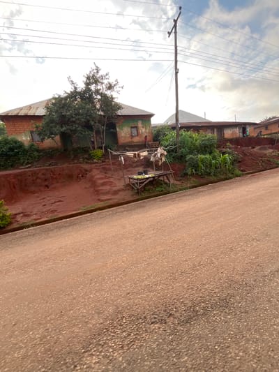 A frontal, low-angle, full shot captures a dirt road in front of a village, possibly in Gembu, Nigeria. The sky is overcast with scattered clouds. A wooden utility pole with wires runs vertically on the right side of the image. In the middle ground, several brick and mud houses with corrugated metal roofs are visible, some with green paint and barred windows. A small, rustic wooden stand is set up in front of one of the houses, displaying some items for sale. Lush green vegetation, including corn stalks, surrounds the structures. The foreground is dominated by the dirt road, which appears to be the primary thoroughfare.
