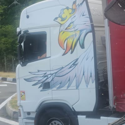 A white semi-truck with a red trailer is parked on the side of a road. The truck features a large graphic of a griffin with a crown on its head. There is a "Caution: Blind Spots" sticker on the driver's side door. The background shows trees and a blue sky. The location is Ovada, Italy.