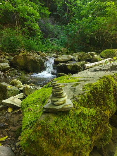 The image shows a lush, green forest scene with a small stream flowing over rocks. In the foreground, a stack of smooth, flat stones is balanced on a moss-covered boulder. The stream is surrounded by rocks and vegetation, and the background is filled with dense trees. The location is identified as the area around Teteven, Bulgaria, known for its natural beauty and hiking trails.