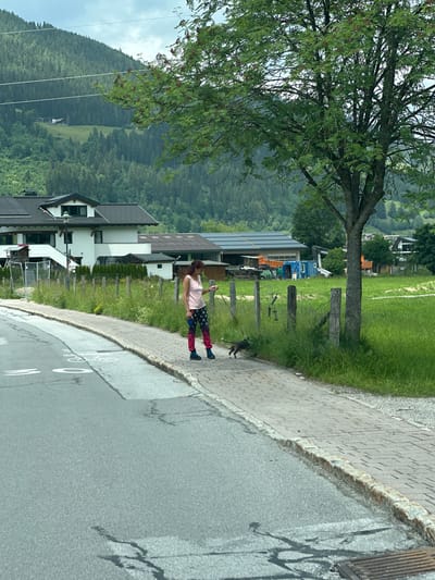 A woman with dark hair, wearing a pink tank top and patterned leggings with pink and black accents, walks her small dark-colored dog on a leash along a paved sidewalk. The woman is standing with her right side facing the camera, looking down at her dog. The dog is walking ahead of her on the leash, to the left. The sidewalk is bordered by a strip of tall green grass and a rustic wooden fence. Beyond the fence is a green field and several buildings, including a white house with dark trim and a dark roof. Further in the background, a dense forest covers a steep mountain slope under a cloudy sky. The scene is located on a street in Reitdorf, Austria, as indicated by the bicycle lane marking and "50" speed limit sign on the asphalt road in the foreground.