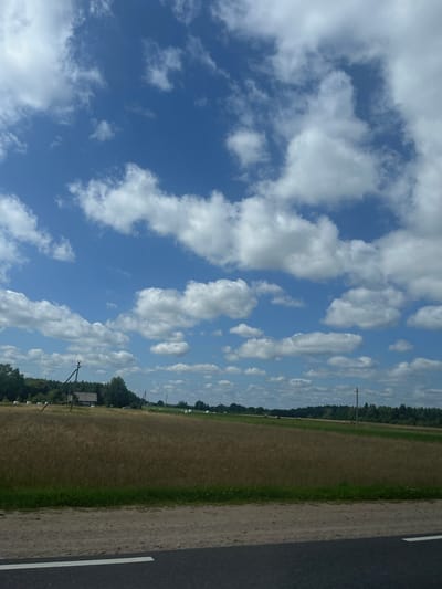 The image depicts a rural landscape under a blue sky with scattered white clouds. In the foreground, there is a dirt road with a white line marking the edge of an asphalt road. Beyond the road, a field of dry, golden-brown crops stretches into the distance. Several round bales of hay are visible in the field, some wrapped in white. A few trees and a building, possibly a house with a dark roof and wooden siding, are situated on the edge of the field, with more trees forming a treeline further in the background. Power lines and poles are also present, suggesting the proximity of a settlement. The scene is characteristic of the Lithuanian countryside, likely near Balbieriškis, given the typical agricultural landscapes and structures found in that region. There are no people or animals visible in the image.