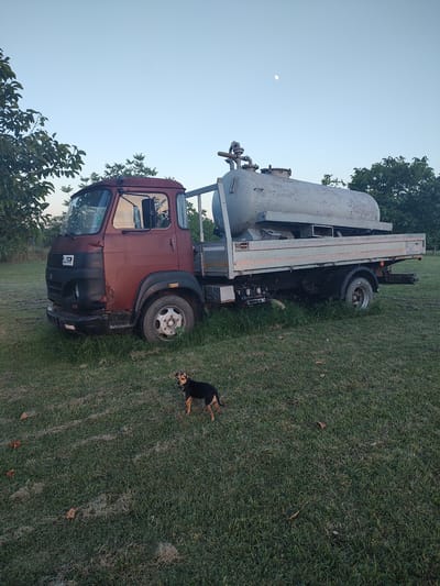 A medium-sized, dark-colored dog with tan markings is lying on a grassy field. The dog is positioned in the lower right quadrant of the image, facing to the left. The grass appears somewhat dry and mowed, with some fallen leaves scattered across it.
In the background, a vintage truck is parked on the grass. The truck is predominantly a rusty red color with a black bumper and some black accents around the wheels. It has a long, silver tank mounted on its bed, suggesting it might be a water or chemical tanker. The truck is oriented vertically in the image.
Above the truck and to the left, a sliver of the moon is visible in a pale blue sky, indicating it might be late afternoon or early evening. Green trees with dense foliage are visible on either side of the truck, framing the scene. The overall setting appears to be outdoors in a rural or semi-rural environment. There is no discernible activity taking place beyond the dog resting and the truck being parked.