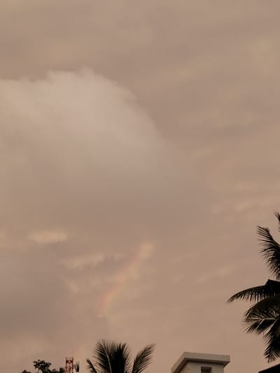 The image captures an overcast sky over Panton, Indonesia, characterized by muted brownish-pink and grey cloud cover. A faint, partial rainbow arc is discernible in the lower-left quadrant of the sky. The foreground shows the tops of green trees on the far left, partially obscuring a red and white communication tower structure. Prominent dark green palm fronds extend into the frame from the bottom-middle and right. On the bottom-right, the upper portion of a white, cubic building with a dark rectangular opening is visible. No individuals or specific actions are depicted.