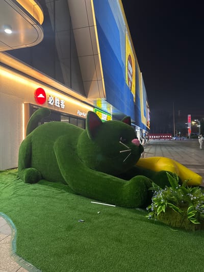 This image captures an outdoor nighttime scene in Taihe District, China, featuring a large, artificial green cat sculpture situated on a grassy area in front of a modern building. The cat sculpture, made of what appears to be artificial turf, is depicted in a relaxed, lying-down pose with its head turned to the right, resting on a yellow, inflatable object resembling a banana. The cat has a pink nose and white whiskers. Behind the sculpture, the building exhibits a contemporary architectural style with illuminated signage, including a red Pizza Hut logo and Chinese characters that translate to "Pizza Hut." Further along the building facade, a Subway sign is visible. The ground in front of the building is paved with tiles, and the overall environment suggests a commercial area, possibly a shopping center or street. A few individuals are casually walking in the background, and streetlights illuminate the scene. The lighting in the image is a mix of artificial light from the building's signage and streetlights, creating a somewhat dim but visible environment.