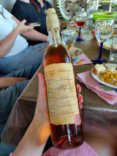A person's hand with bright coral nail polish is holding a dark amber glass bottle with a paper label wrapped around it and twine tied around the neck. The label has handwritten text in what appears to be Georgian and English. The English text reads: "Wine/Variety", "Vintage:", "Wine Type:", "Origin:", "Alcohol:", "Volume:". Beneath these headings, the handwritten entries are "концек", "2019", "Пуэне", "40%", and "0.75 l". The bottle has a red wax seal near the bottom. The background shows a table with plates of food, glasses, and other people seated, suggesting a social gathering. The setting appears to be outdoors or in a brightly lit indoor space.