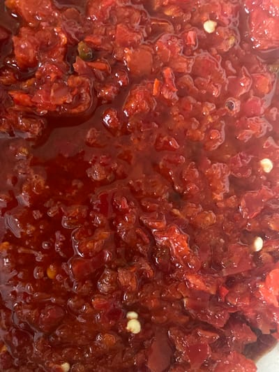 The image is a close-up, overhead shot of finely chopped red chili peppers in a liquid. The peppers appear to be roughly pureed, with some larger pieces visible amidst a sauce-like consistency. Small white seeds from the peppers are scattered throughout the mixture. The lighting is somewhat harsh, creating reflections on the surface of the liquid. There is no visible environment beyond the food item itself, and therefore no information about the location in Александровка, Russia can be inferred from the image.