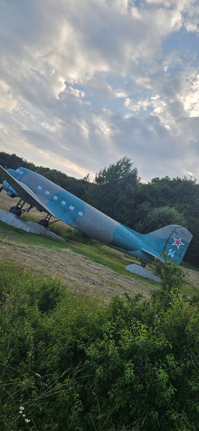 The photograph shows a historical aircraft, a monument, situated on an elevated grassy area with trees in the background. The aircraft is painted in a camouflage pattern of grey and teal blue and has a red star insignia on its tail, along with the number "14". It is resting on a concrete support structure and appears to be a static display. The surrounding environment is rural, with overgrown grass and dense green foliage. The sky is partly cloudy with a soft, diffused light. The image is captured from a low angle, emphasizing the size and presence of the aircraft against the natural landscape. This monument is located in the vicinity of Vyšný Komárnik, Slovakia, a region known for its historical significance related to World War II battles.