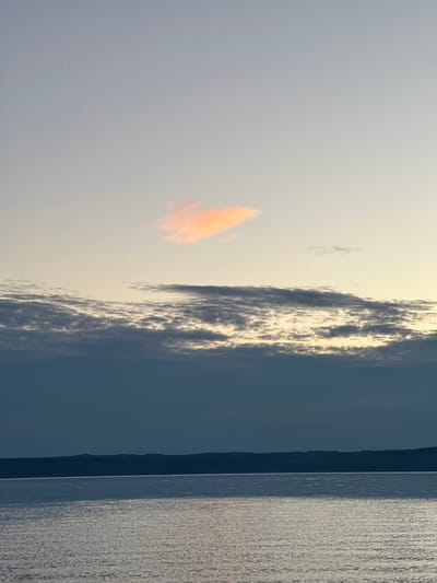 The image shows a serene body of water with a distant, dark treeline under a twilight sky. The sky transitions from a pale blue at the top to a soft yellow and then a deep blue closer to the horizon. A few wispy clouds are visible, with one small cloud in the upper portion of the frame tinged with a warm orange hue, possibly from the setting or rising sun. The water is calm, with gentle ripples reflecting the light from the sky. The treeline is a dark, silhouetted band across the horizon. The scene appears to be a natural landscape, likely a lake or a large river, given the calm water and the distant treeline suggesting a vast expanse of nature rather than an urban environment. No people or man-made structures are visible, contributing to the tranquil and remote atmosphere of the scene.