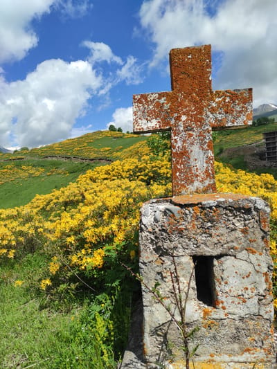 The image shows a close-up of a weathered stone cross, partially covered in orange lichen, with a portion of a stone structure to its right. The cross is oriented vertically, with its arms extending horizontally. The stone structure to the right has a small, dark rectangular opening. Both the cross and the structure appear aged and somewhat dilapidated.
Behind the cross, the scene transitions to a lush green hillside covered in a dense field of bright yellow flowers. The hillside slopes downwards, with a crack or erosion mark visible on its surface. In the distance, there are hints of mountains, with some snow visible on their peaks. A cloudy sky with patches of blue fills the upper portion of the image.
To the far left, a building or structure with visible concrete supports is present on a higher elevation. The overall setting appears to be a natural, outdoor environment, likely a mountainous region. The bright yellow flowers suggest a springtime or summer setting. The lighting indicates it is daytime, with the sun casting shadows. The weathered appearance of the cross and structure, combined with the natural landscape, evokes a sense of history and perhaps a remote or forgotten place. No people are visible in the image.