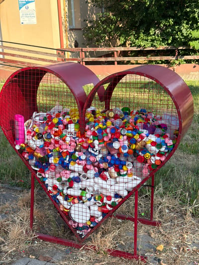 This image shows a large, red, heart-shaped metal bin filled with colorful plastic bottle caps. The bin is partially enclosed by a wire mesh. Inside the bin, a variety of bottle caps are visible, including red, blue, yellow, green, white, and pink. There are also some larger white plastic items, possibly containers or more caps. The bin is situated outdoors on a grassy area with dry, brown grass and some fallen leaves. In the background, there is a building with light-colored walls and a window. A green leafy bush is also visible to the left. A metal fence or railing is partially seen on the left side. A sign is attached to the building, displaying Hungarian text and numbers. The sunlight suggests it is daytime, and the scene appears to be in a public outdoor space, possibly a park or a schoolyard, given the presence of the building and the nature of the bin which appears to be a collection point for recycling. The overall impression is one of a creative and eco-conscious initiative.