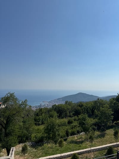 The image captures a scenic view from a hilltop overlooking the city of Stanišići, Montenegro, and the Adriatic Sea. In the foreground, lush green trees and vegetation dominate the landscape, with a stone wall and pathway adding a structured element to the natural setting. A small stone structure is visible on the left side of the frame.

In the mid-ground, the city of Stanišići unfolds with its urban architecture, nestled between the verdant hills and the expansive blue sea. Numerous buildings and a coastline dotted with boats indicate a lively coastal town.

The background features the vast expanse of the Adriatic Sea, stretching towards the horizon under a clear, bright blue sky. A distant, hazy mountain range is visible to the right, adding depth to the picturesque panorama. The overall scene evokes a sense of tranquility and natural beauty combined with a vibrant urban presence.