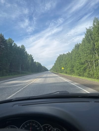 The image captures a first-person perspective from a vehicle traveling on a paved road, likely in the vicinity of Усть-Сыны, Russia. The road, an asphalt surface with a distinct white line marking its edge, extends straight into the horizon. On both sides, dense green forests flank the road, composed primarily of leafy deciduous trees, including some identifiable birches with their characteristic white bark.

Above the tree line, the sky is a vibrant blue, dotted with wispy white clouds that suggest fair weather. Sunlight illuminates the scene, casting subtle shadows across the road surface. The perspective is from inside a car, with the dark dashboard and a portion of the instrument cluster, including a gauge with red markings, visible on the right side of the frame. A part of the windshield wiper mechanism is also discernible.

In the mid-ground, on the left side of the road, a yellow diamond-shaped road sign with black pictograms is visible, serving as a warning or informational sign; based on typical Russian road signs, it likely indicates "Children" or a similar caution.

The scene conveys the experience of driving through a rural, forested landscape on a clear, bright day. There are no people visible, and no readable text other than the indistinguishable symbols on the distant road sign. The overall atmosphere is one of serene travel.