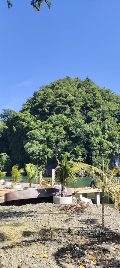 An outdoor shot depicts a waterfront scene in the city of Lamseunia, Indonesia. A lush green mountain dominates the background, its slopes densely covered with trees. In the foreground, a wooden pier extends into the calm, green water. Several young palm trees in planters are situated on the gravelly shore next to the pier. A brown, overturned boat lies on the ground near the pier. A person in blue clothing is visible on the pier, engaged in some activity. The sky is a clear, bright blue.