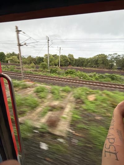 An overcast sky looms above a rural landscape viewed from a moving train. The train tracks, a prominent feature, stretch into the distance, bordered by lush green vegetation. In the foreground, a portion of the train's interior, including a red-painted metal railing, is visible. A person's arm, adorned with a tattoo reading "COLLAPSE" vertically, extends into the frame from the right. The motion blur indicates the train's speed. In the background, a line of trees separates the train tracks from the distant hills, suggesting a location in the vicinity of Saphale, India.