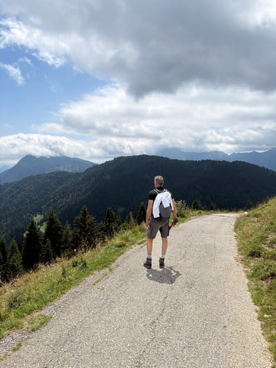 The image depicts a man standing on an asphalt road, facing away from the camera. He is wearing a black t-shirt, gray shorts, hiking boots, and a backpack. A white garment is draped over his backpack. The road appears to be winding and leads through a mountainous, forested landscape. The man is holding a walking stick in his right hand. The background is filled with rolling hills covered in dense dark green trees, with lighter green patches visible in the distance. The sky above is partly cloudy with a mix of white and gray clouds. The scene is likely outdoors, in a natural environment, possibly a hiking trail in a mountainous region. The location is identified as Enemonzo / Enemonç, Italy.