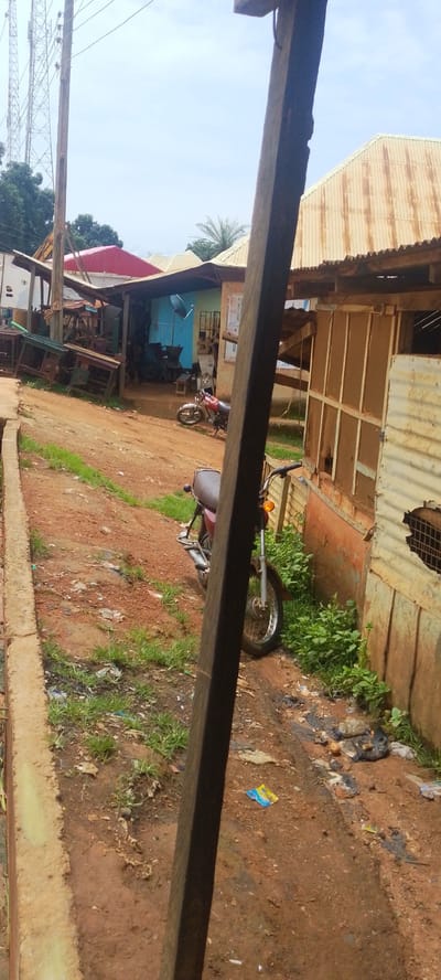 A close-up of a wooden pole obscures much of the scene in Baissa, Nigeria. The pole occupies the right and center of the frame. In the background, a dirt road curves to the left, lined with various makeshift structures with corrugated metal roofs. Some of these structures appear to be shops or workshops, with items like wooden tables and chairs visible. A red motorcycle is parked on the side of the road. The ground is reddish-brown dirt with patches of green grass and scattered debris, including plastic bags and wrappers. In the far background, tall transmission towers are visible against a bright sky. The overall impression is one of a somewhat unkempt, semi-urban environment.